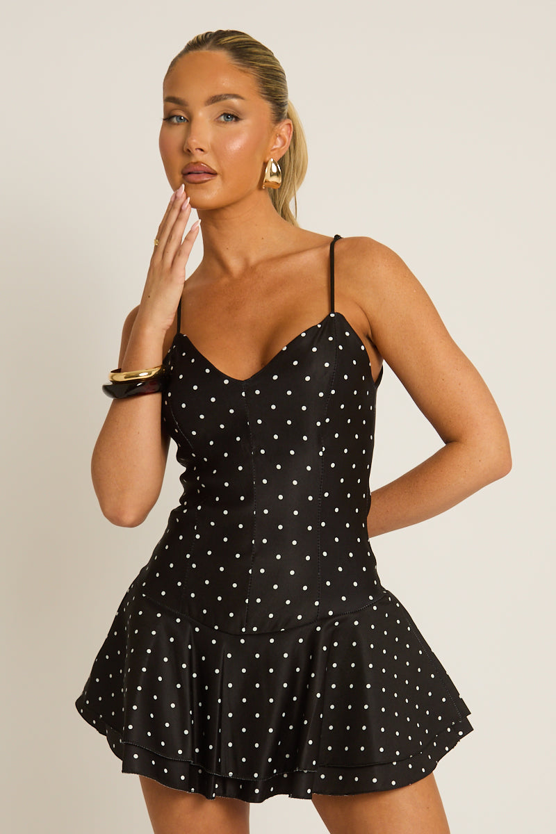 Black Polka Dot Flippy Skort Playsuit - Melanie