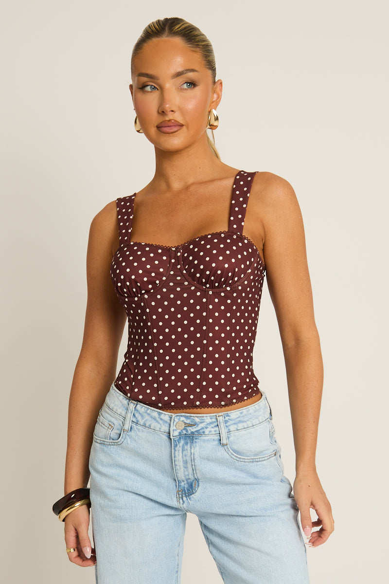 Chocolate Polka Dot Corset Top - Regina