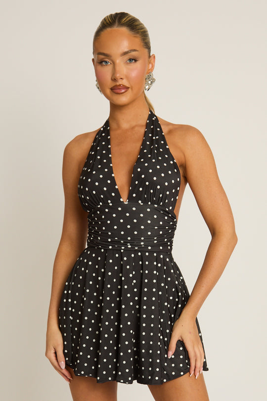 Black Polka Dot Halter Plunge Neck Mini Dress - Pippa