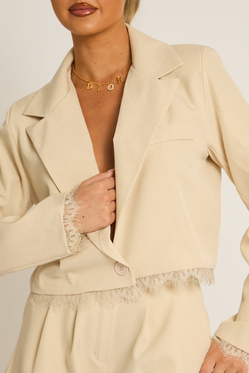 Beige Lace Trim Blazer - Vanessa