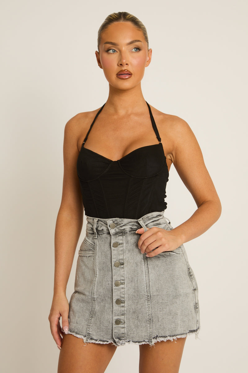 Grey Button Front Denim Skort - Jaxson