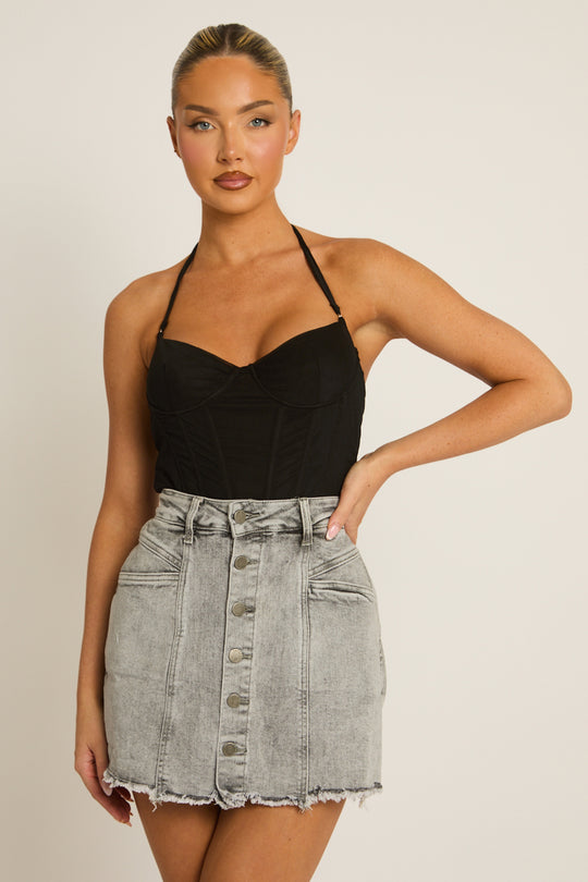 Grey Button Front Denim Skort - Jaxson