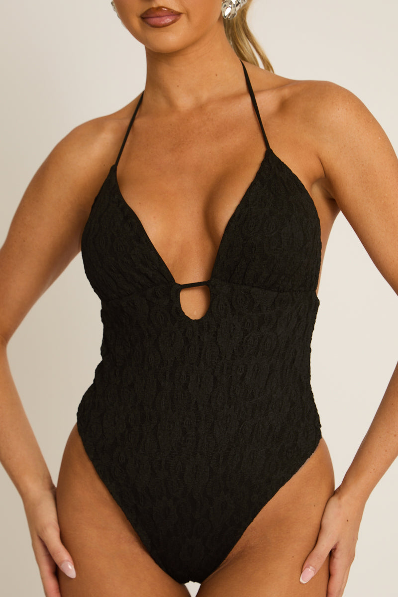 Black Lace Plunge Bodysuit - India