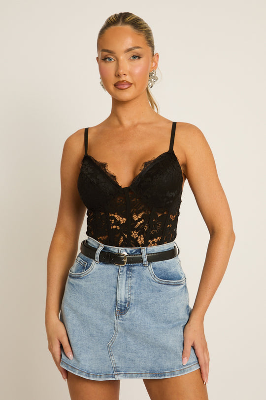 Black Lace Corset Detail Bodysuit - Sonya