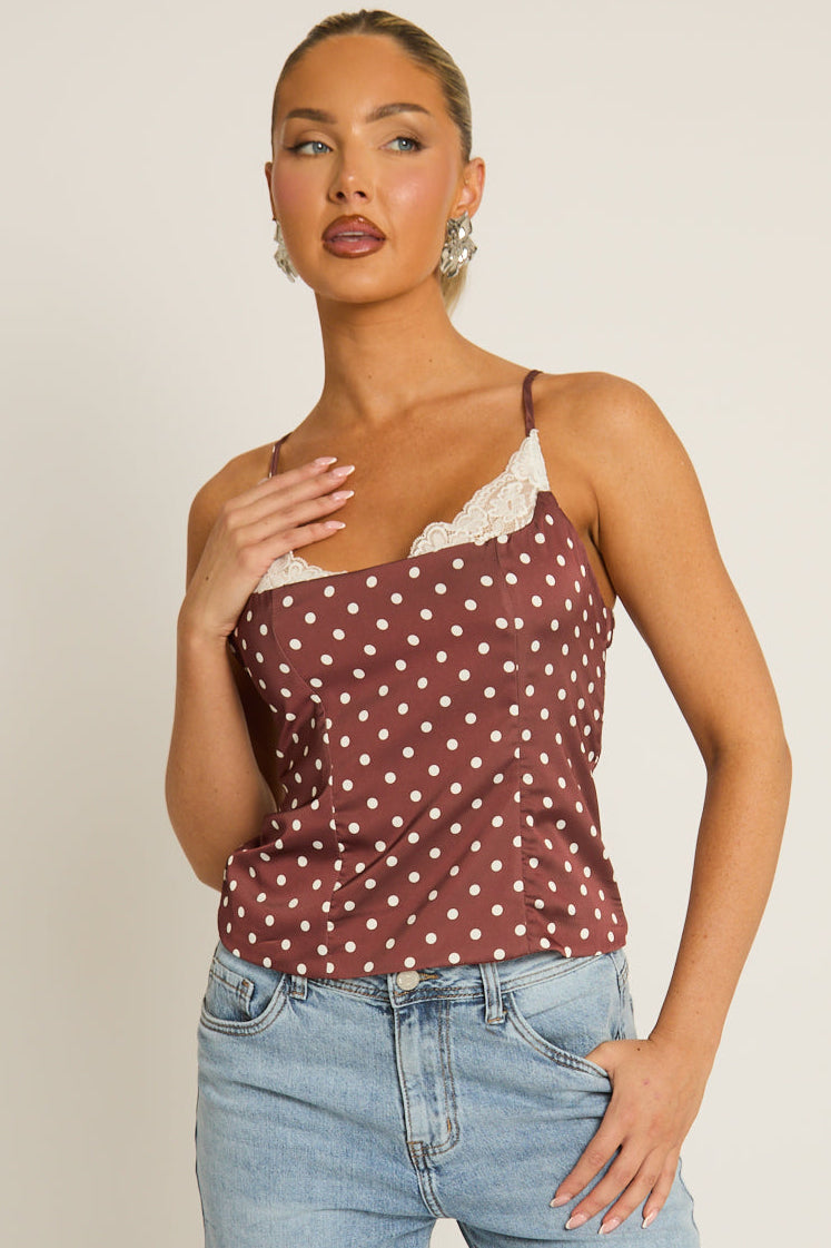 Chocolate Satin Polka Dot Lace Trim Cami Top - Arna