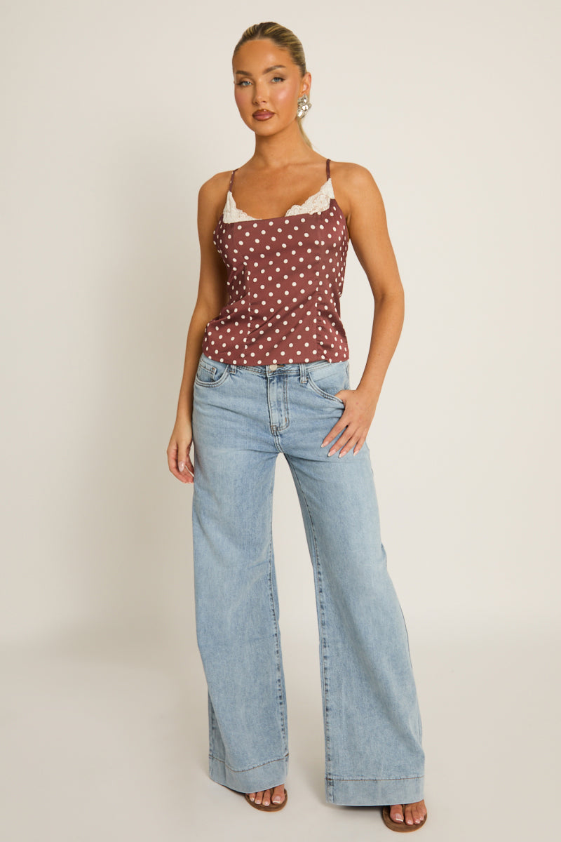 Chocolate Satin Polka Dot Lace Trim Cami Top - Arna