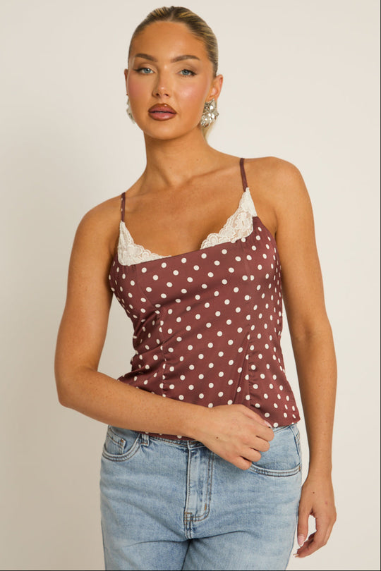 Chocolate Satin Polka Dot Lace Trim Cami Top - Arna