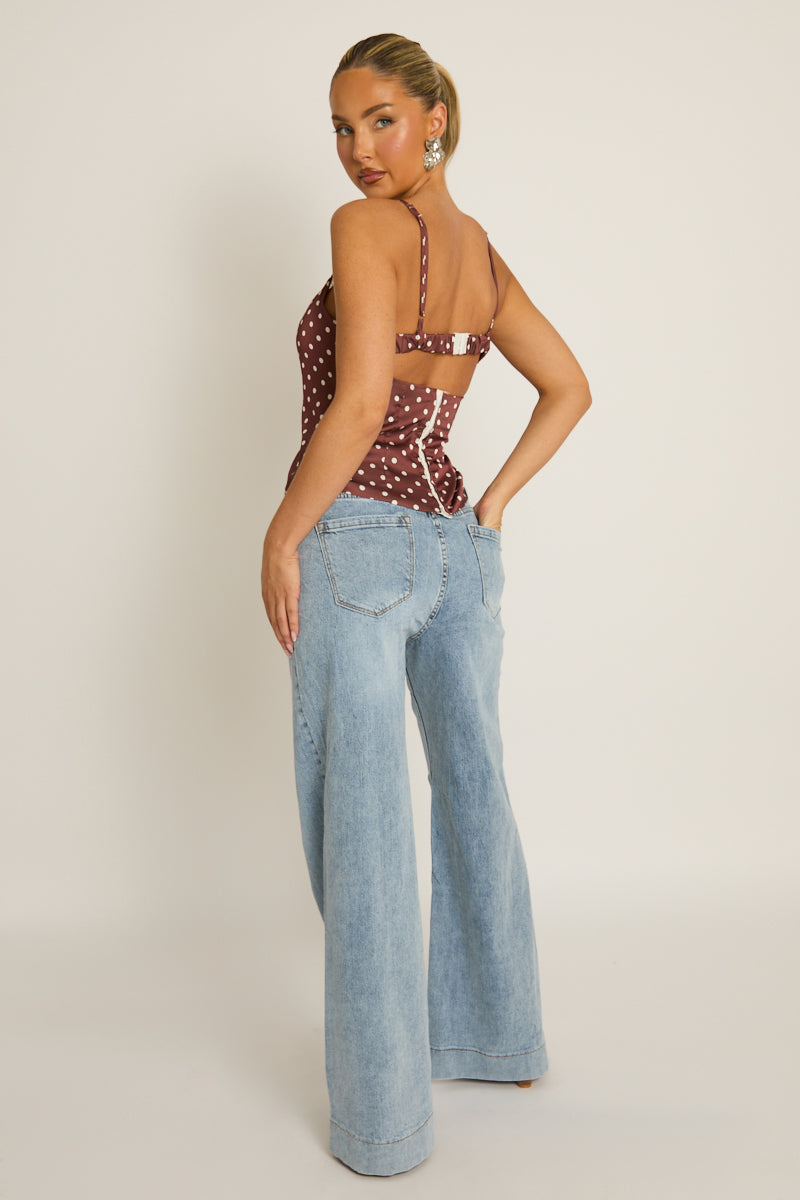 Chocolate Satin Polka Dot Lace Trim Cami Top - Arna