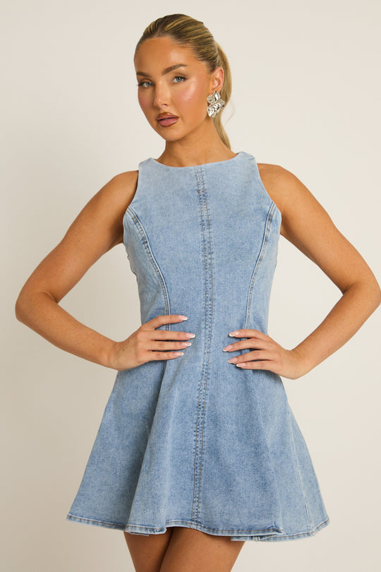 Blue Denim Seam Detail Skater Dress - Zahara