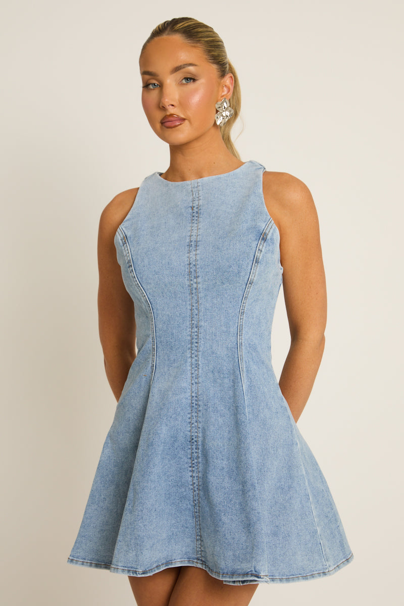 denim skater dress Blue Denim Seam Detail Skater Dress | Dresses