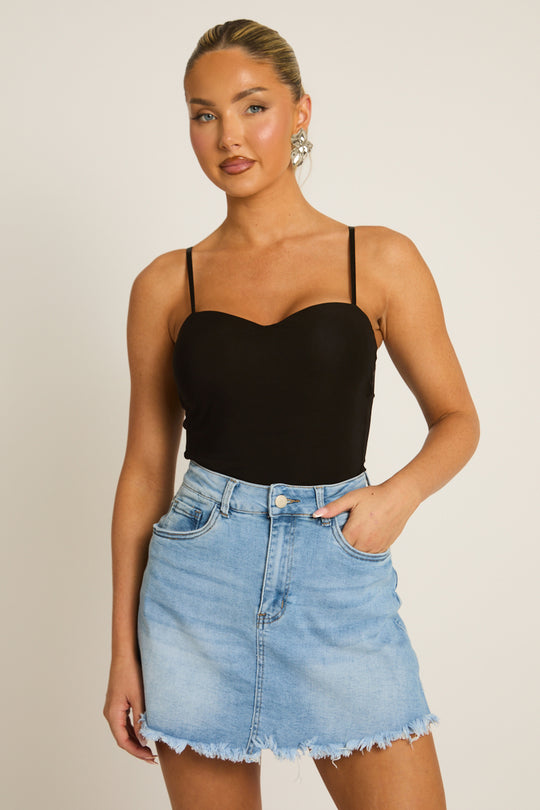 Washed Blue Frayed Hem Denim Skort - Jinia