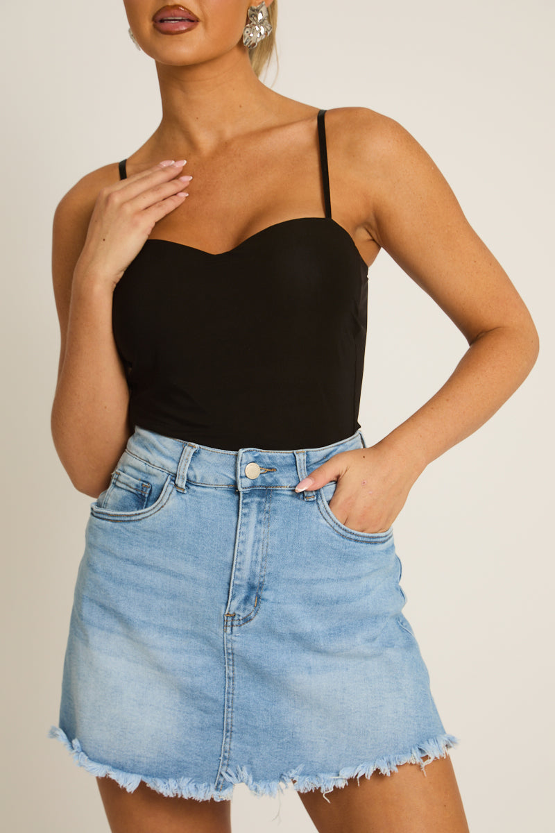 Washed Blue Frayed Hem Denim Skort - Jinia