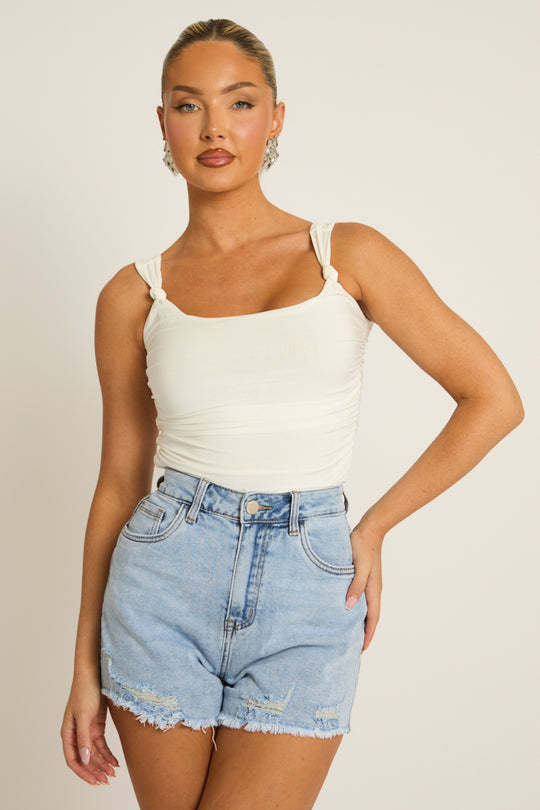 Blue Distressed Hem Denim Shorts - Alison