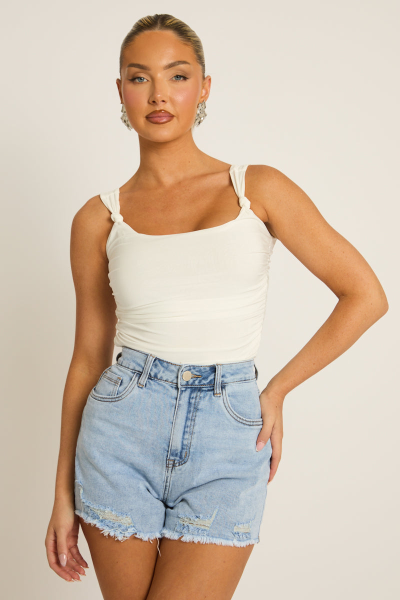 Blue Distressed Hem Denim Shorts - Alison