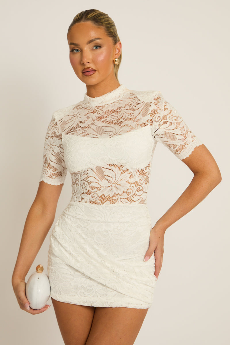 White Lace High Neck Wrap Mini Dress - Blasen
