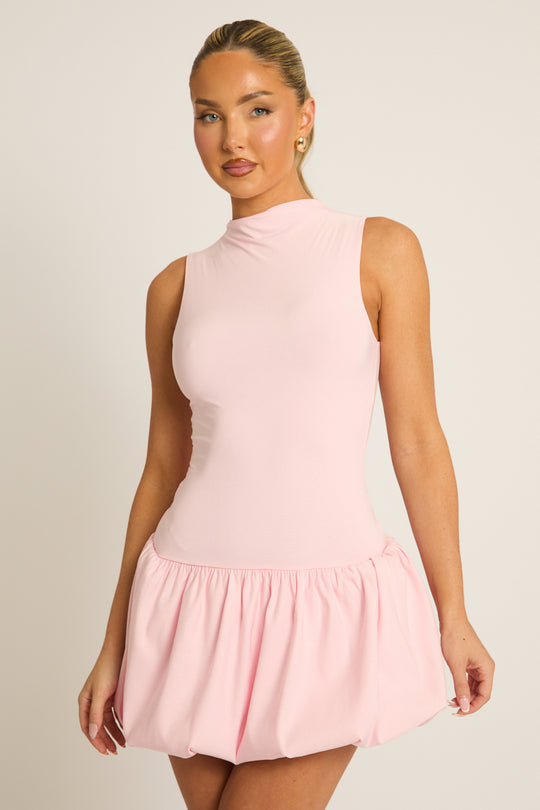 Pink High Neck Puffball Mini Dress - Carmelita