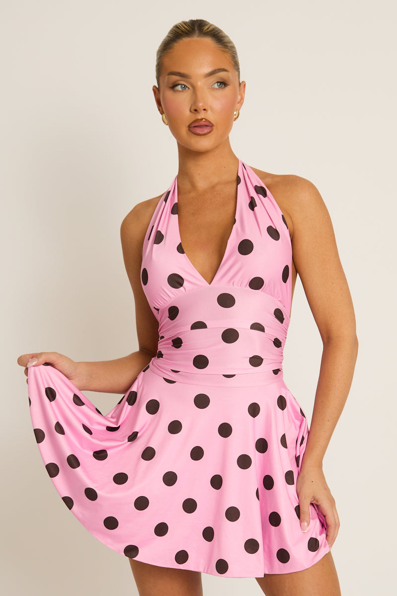 Pink Polka Dot Halter Plunge Neck Mini Dress | Dresses | Rebellious Fashion Pink Polka Dot Halter Plunge Neck Mini Dress | Dresses | Rebellious Fashion