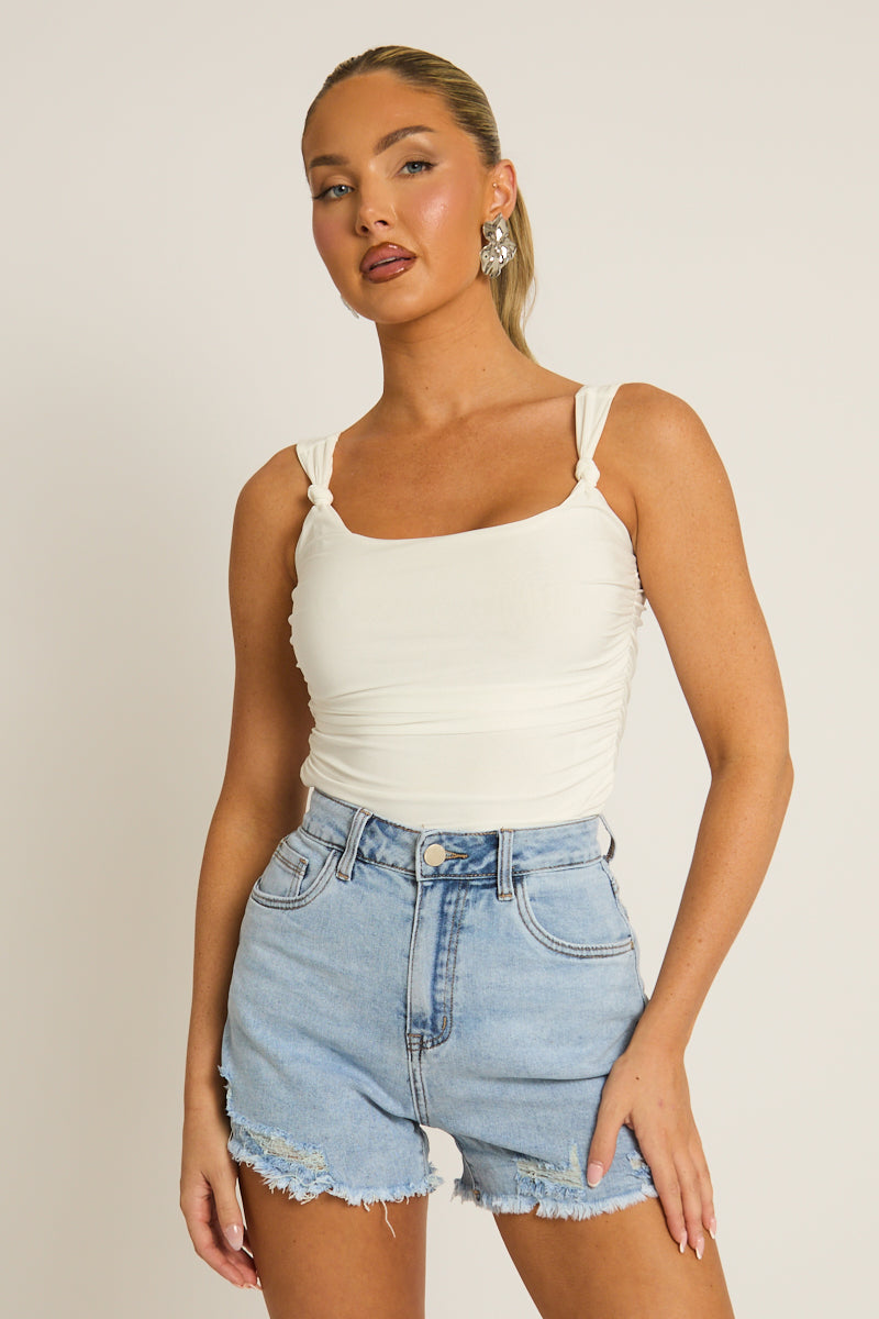 Blue Distressed Hem Denim Shorts - Alison