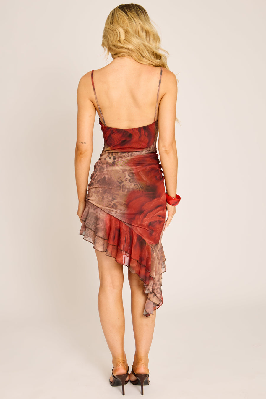 Brown Leopard Print Lace Trim Asymmetric Mesh Mini Dress - Redmin