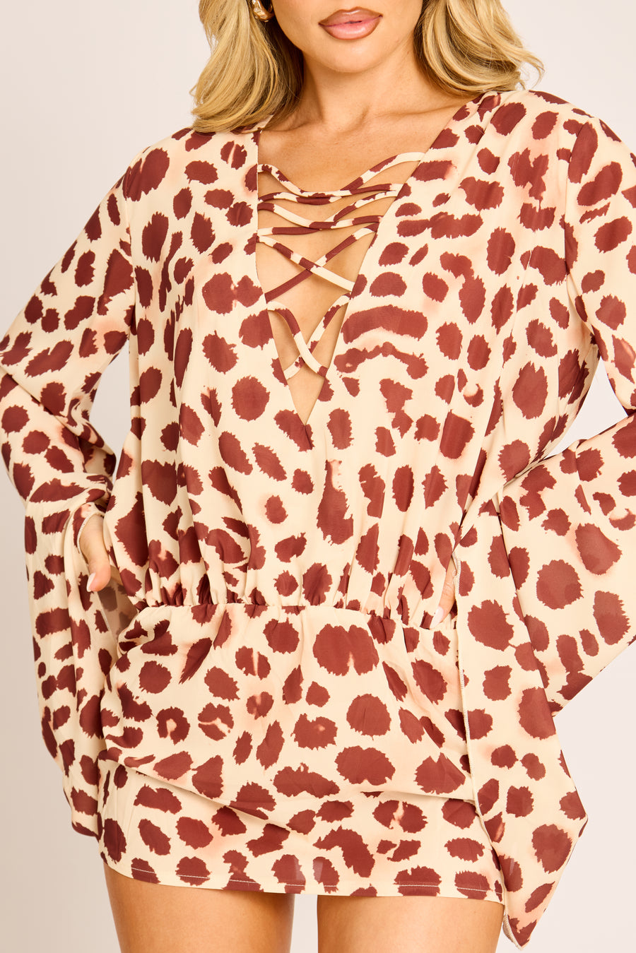 Brown Leopard Print Lace Detail Long Sleeve Mini Dress - Jamilla