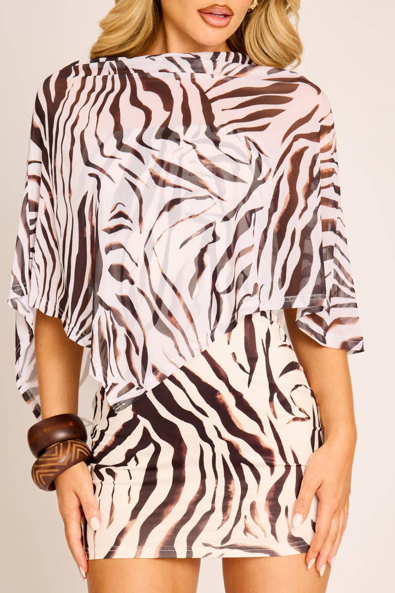 Brown Zebra Mesh Cape and Skirt Co-ord Set - Ruthvi