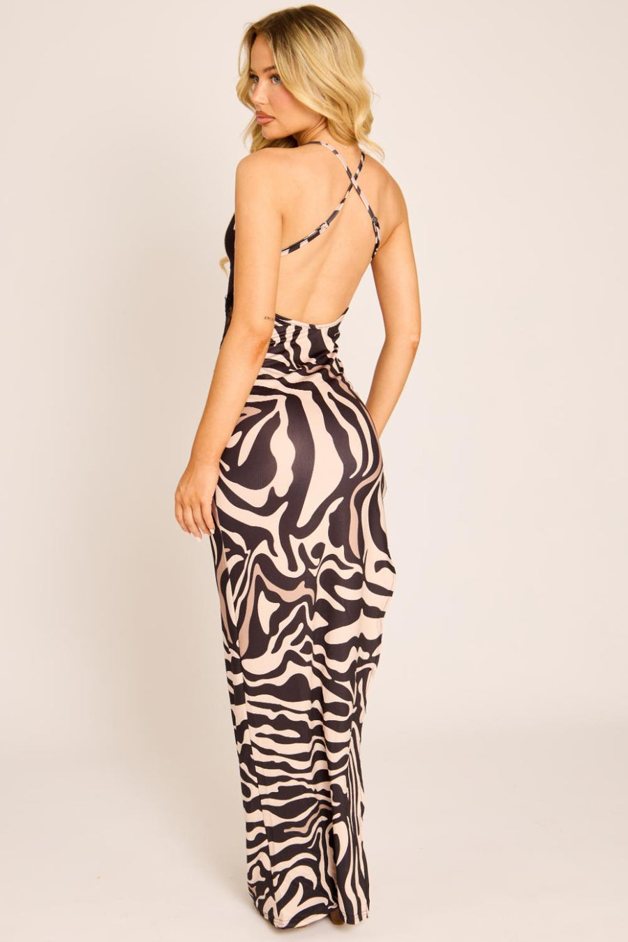 Brown Zebra Print Lace Insert Cowl Neck Maxi Dress - Ayala