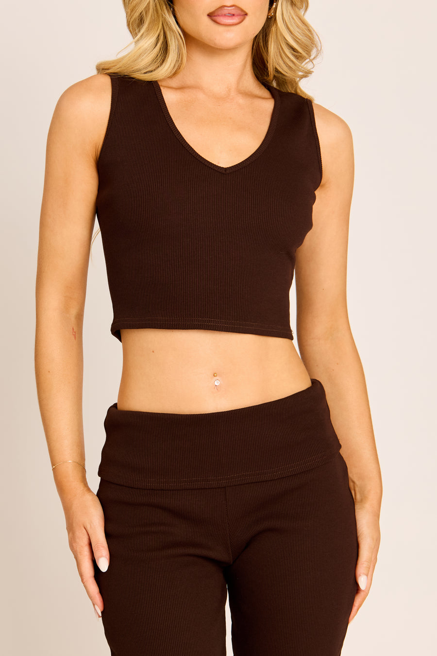 Chocolate Ribbed Crop Top and Fold Over Capri Pants Co-ord Set - Rachel