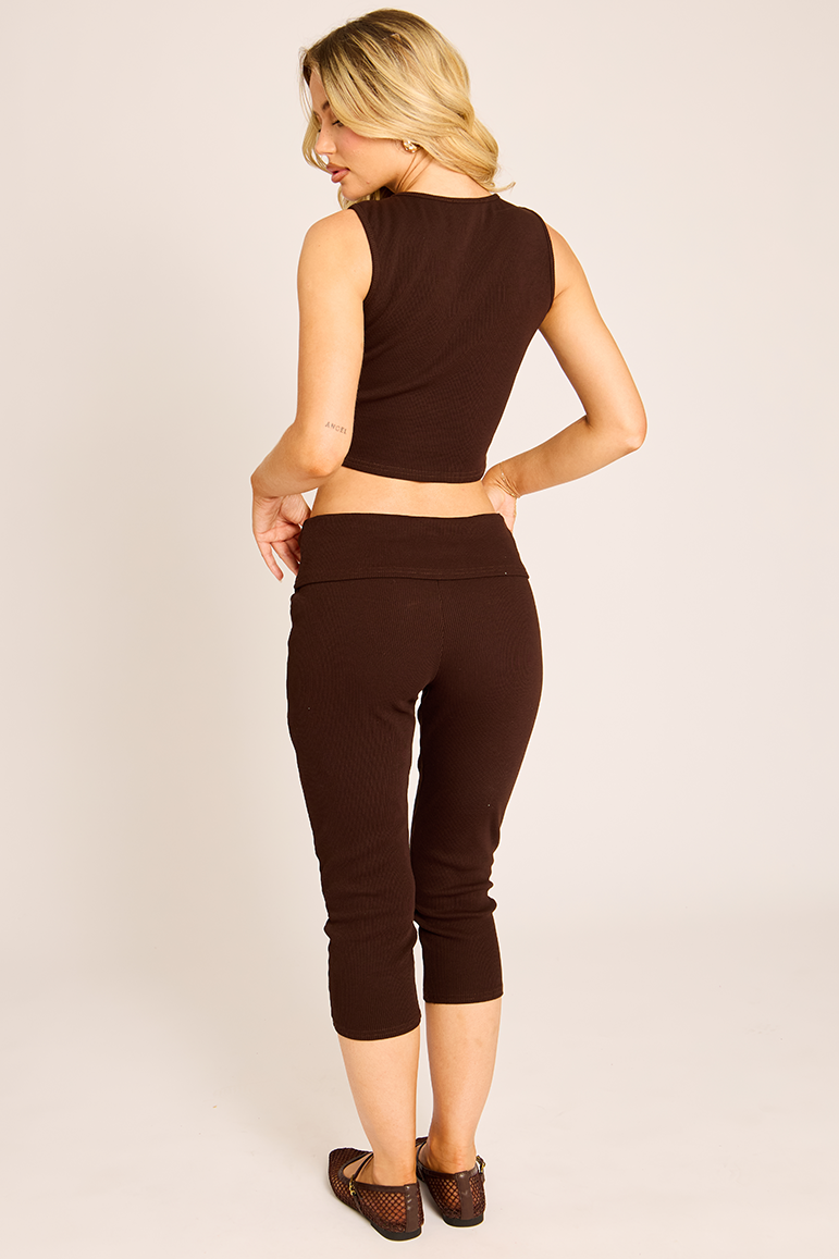 Chocolate Ribbed Crop Top and Fold Over Capri Pants Co-ord Set - Rachel