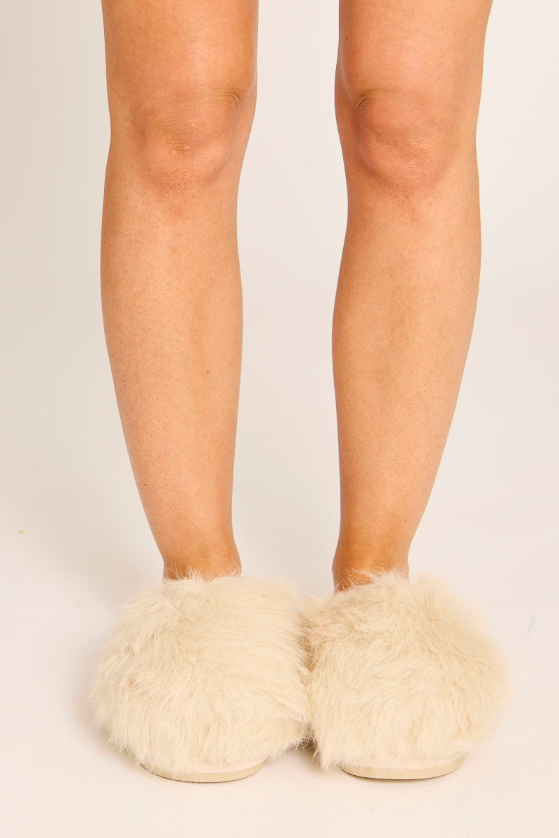 Beige Fluffy Mule Slippers - Syliva