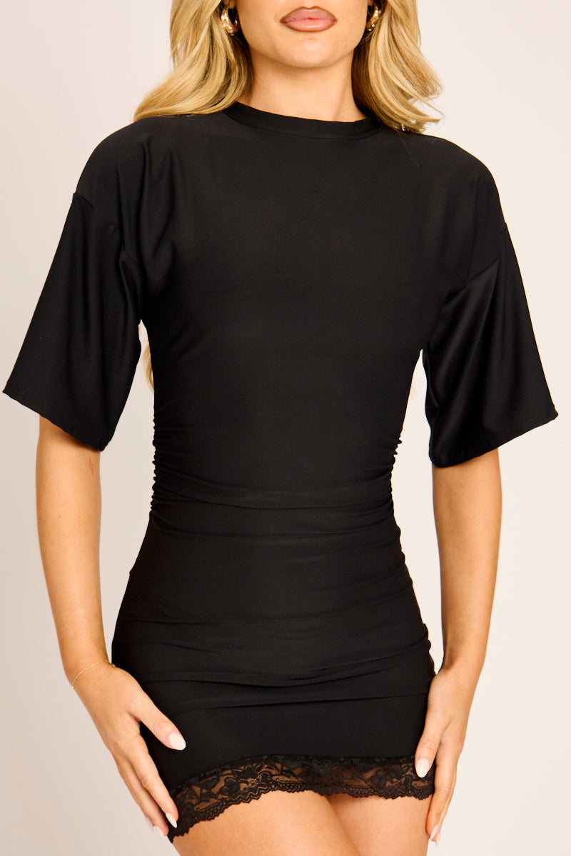 Black Lace Trim T-shirt Dress - Trisha