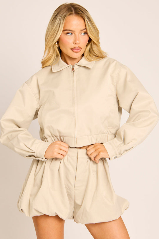 Stone Cropped Zip Through Bomber Jacket - Kirby