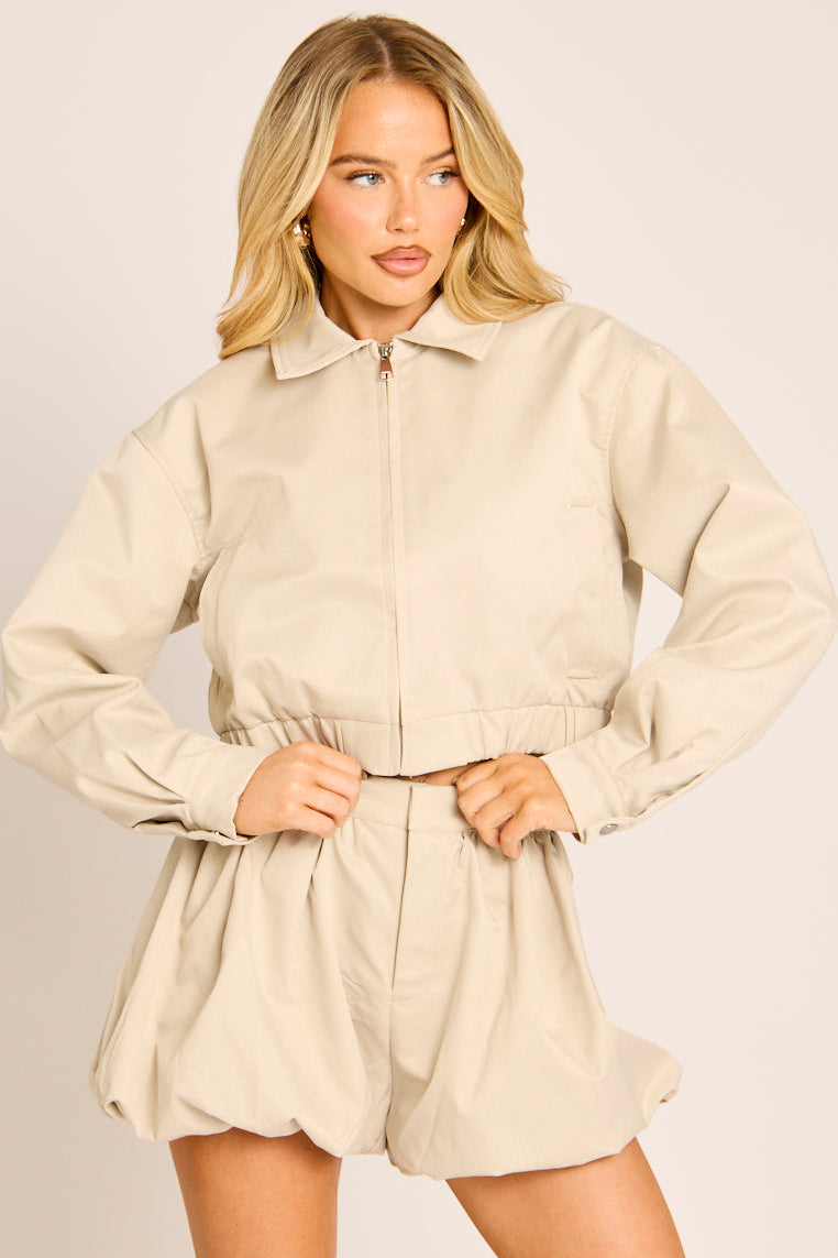 Stone Cropped Zip Through Bomber Jacket - Kirby