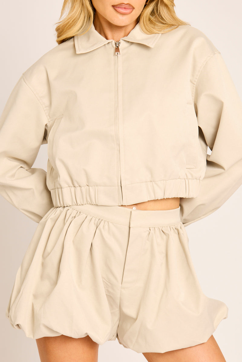 Stone Cropped Zip Through Bomber Jacket - Kirby