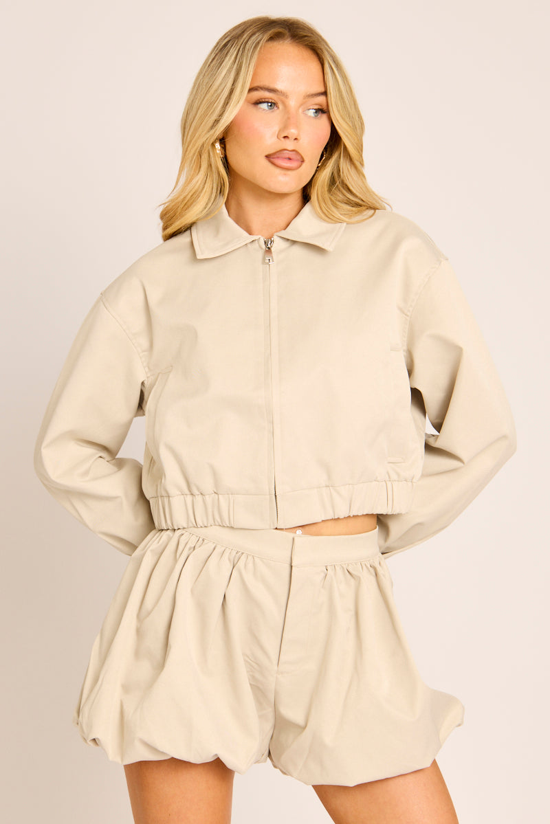 Stone Cropped Zip Through Bomber Jacket - Kirby