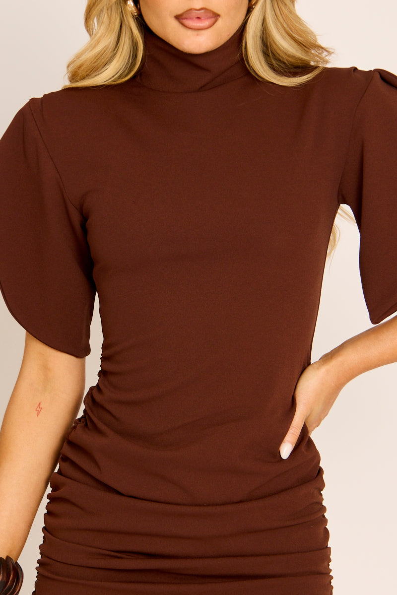 Chocolate High Neck Ruched Mini Dress - Makayla