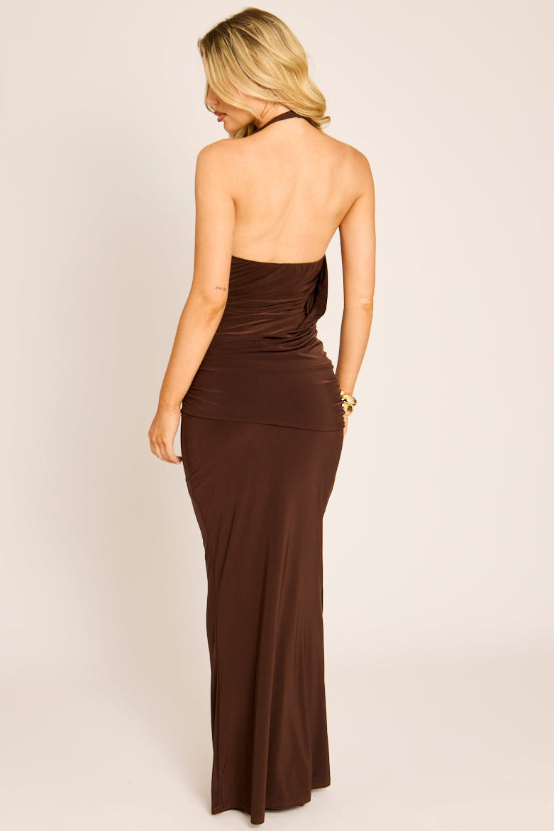 Chocolate Brown Drape Front Maxi Dress - Rukhi