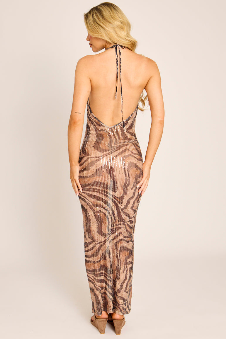 Brown Leopard Sequin Cowl Maxi Dress - Mabel