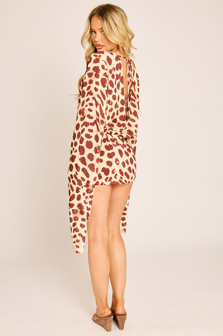 Brown Leopard Print Lace Detail Long Sleeve Mini Dress - Jamilla