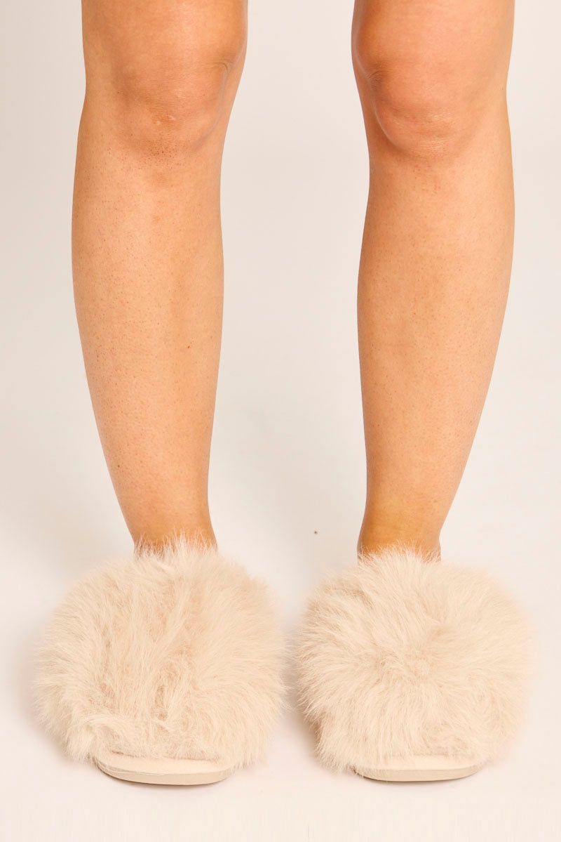 Taupe Fluffy Mule Slippers - Syliva