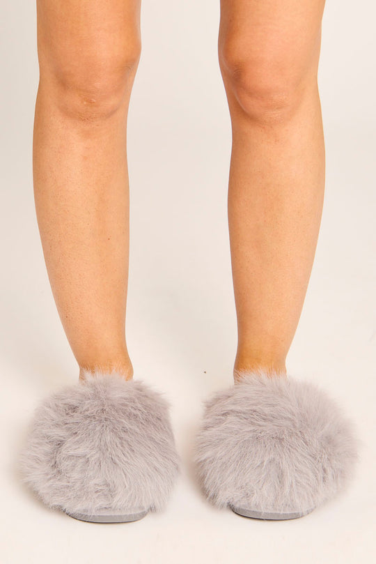 Grey Fluffy Mule Slippers - Syliva