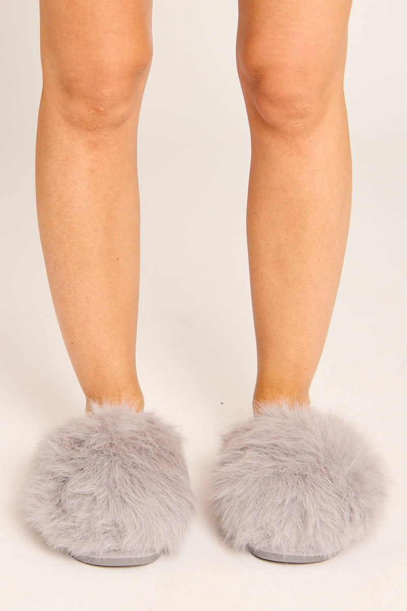 Grey Fluffy Mule Slippers - Syliva