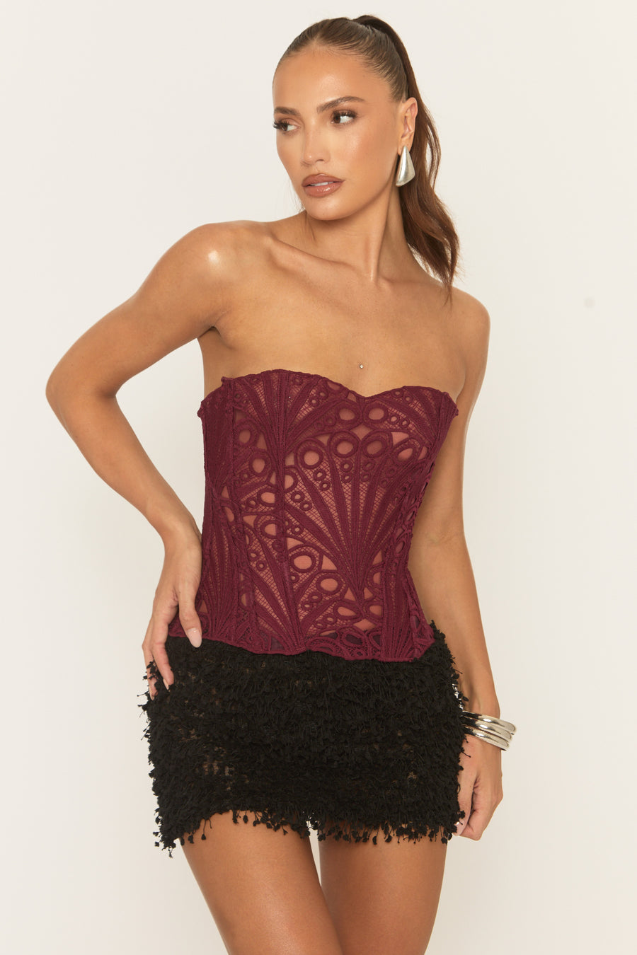 Wine Mesh Lace Bandeau Corset - Ezmi