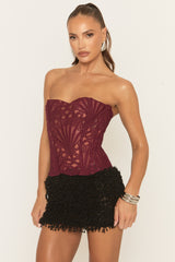 Wine Mesh Lace Bandeau Corset - Ezmi