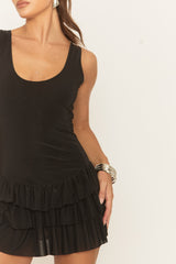 Black Layered Frill Hem Mini Dress - Antonie