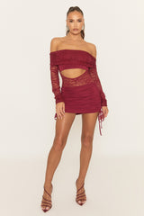Wine Lace Bardot Mini Dress - Shella