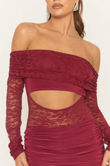 Wine Lace Bardot Mini Dress - Shella