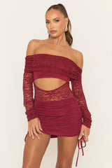 Wine Lace Bardot Mini Dress - Shella