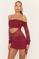 Wine Lace Bardot Mini Dress - Shella
