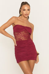 Wine Twist Bandeau Lace Insert Ruched Mini Dress - Kiaan