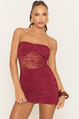 Wine Twist Bandeau Lace Insert Ruched Mini Dress - Kiaan
